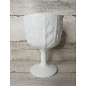 Vintage F.T.D. Milk Glass Pedestal Vase With Oak Leaf Pattern 1975